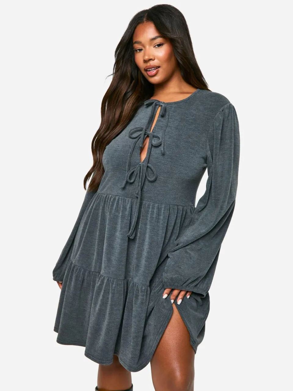 boohoo Dames Plus Two Tone Rib Tie Front Smock Jurk grijs, foto 3