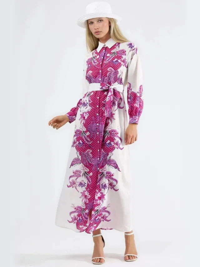 MSN Collection Bloemenriem Midi Jurk Veelkleurig