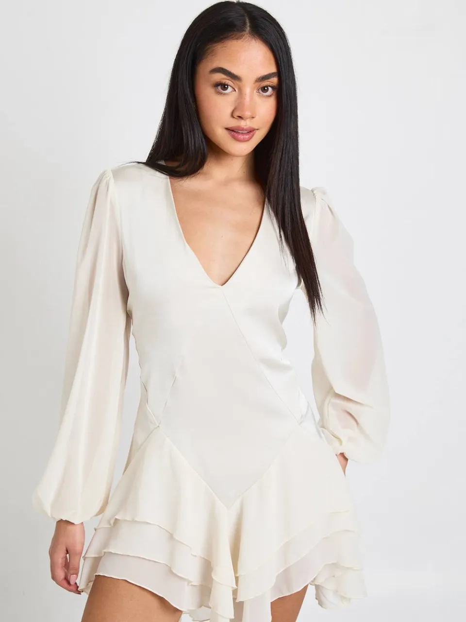 boohoo Dames Chiffon Mix Paneel Smock Jurk ivoor, foto 3