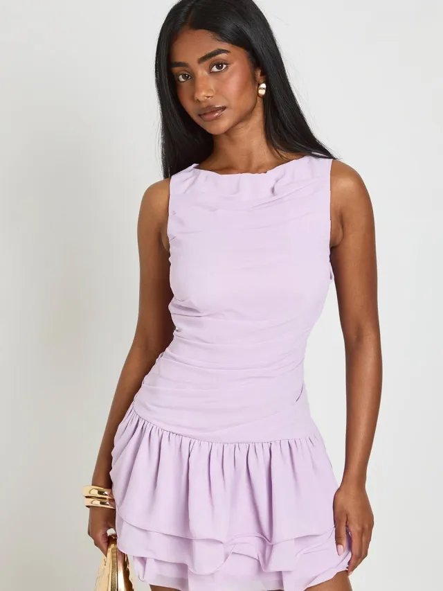 boohoo Dames Chiffon Geplooid Mini-jurk Met Verlaagde Zoom Lila