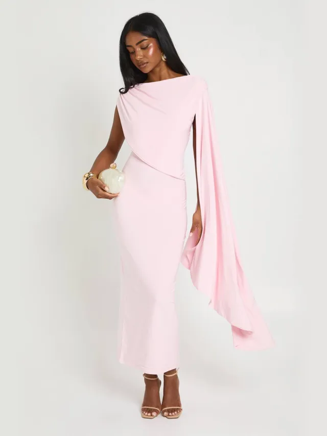 boohoo Dames Zachte Touch Drape One-shoulder Midaxi Jurk Pastelroze