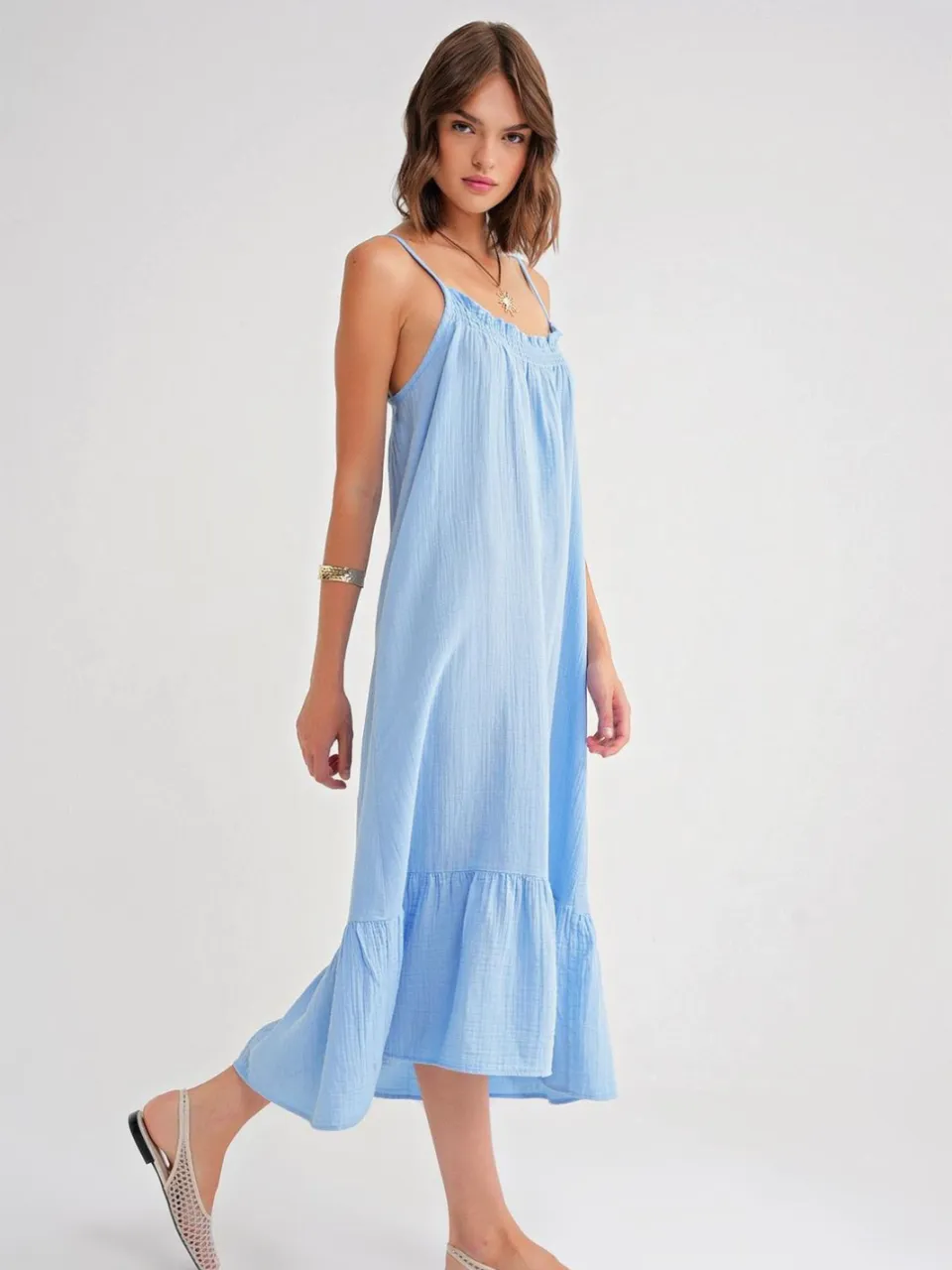 Mixray Midi Muslin Jurk met Rimpeldetail lichtblauw, foto 2