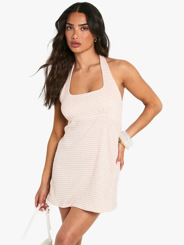 boohoo Dames Petite Getextureerde Gingham Halterneck Swing Mini Jurk Steen