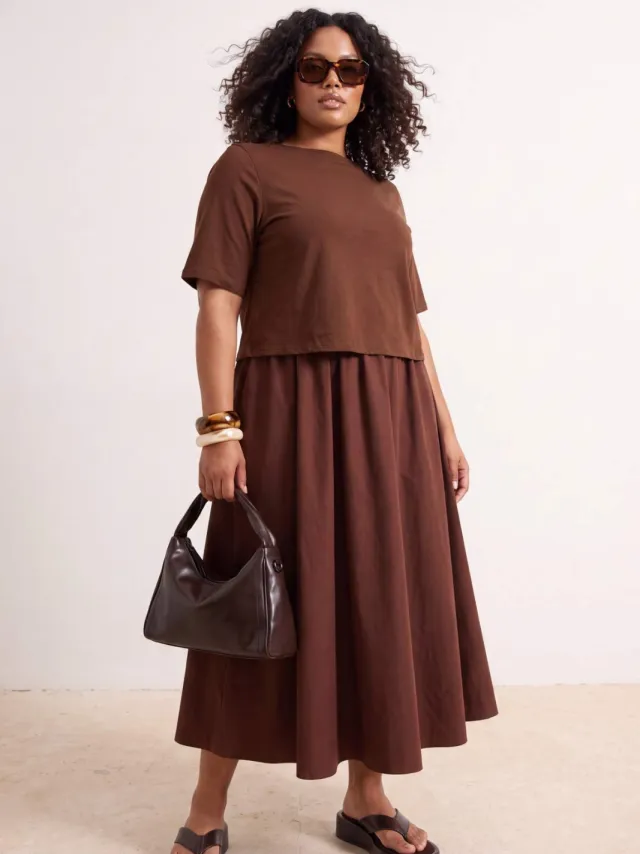 Trendyol Curve Dames Bruin Effen Midi Kort Recht Grote maten Jurk