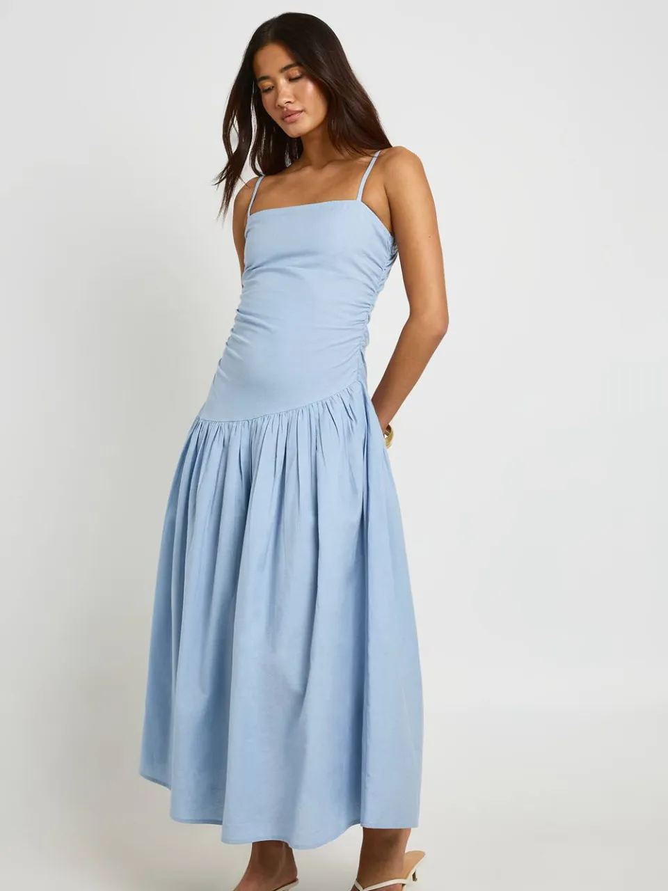 boohoo Dames Linnen Skater Midi-jurk Met Gerimpeld Lijfje En Verlaagde Zoom babyblauw, foto 3