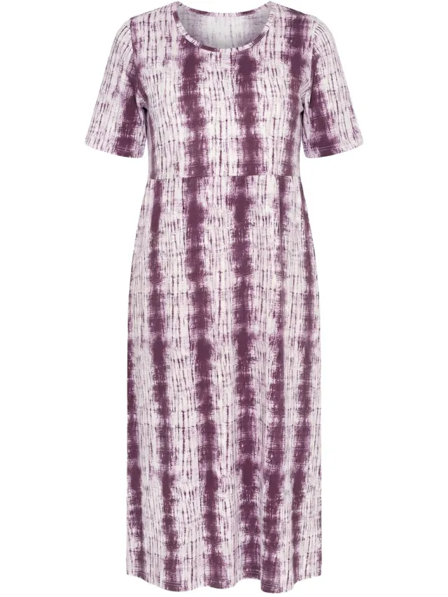Ulla Popken Dames - Midi-jurk tie-dye strepen A-lijn ronde hals korte mouw - Nougat bruin - Maat 50+