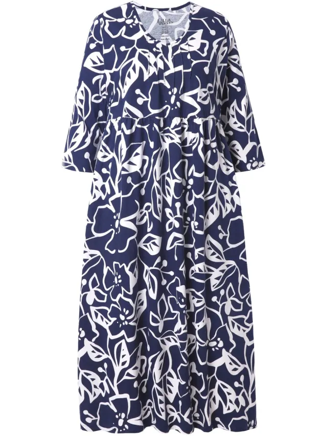 Ulla Popken Dames - Maxi-jurk bloemen A-lijn V-hals 3/4-mouwen - Marine - Maat 66+