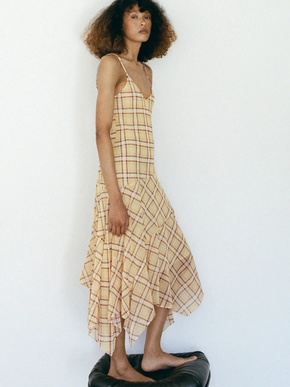 Mango viscose geruite midi jurk - lichtgeel, foto 3
