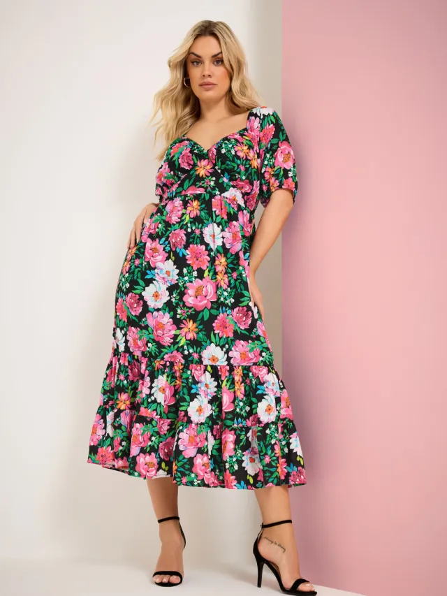 Yours Zwarte Midijurk Met Bloemenprint Black