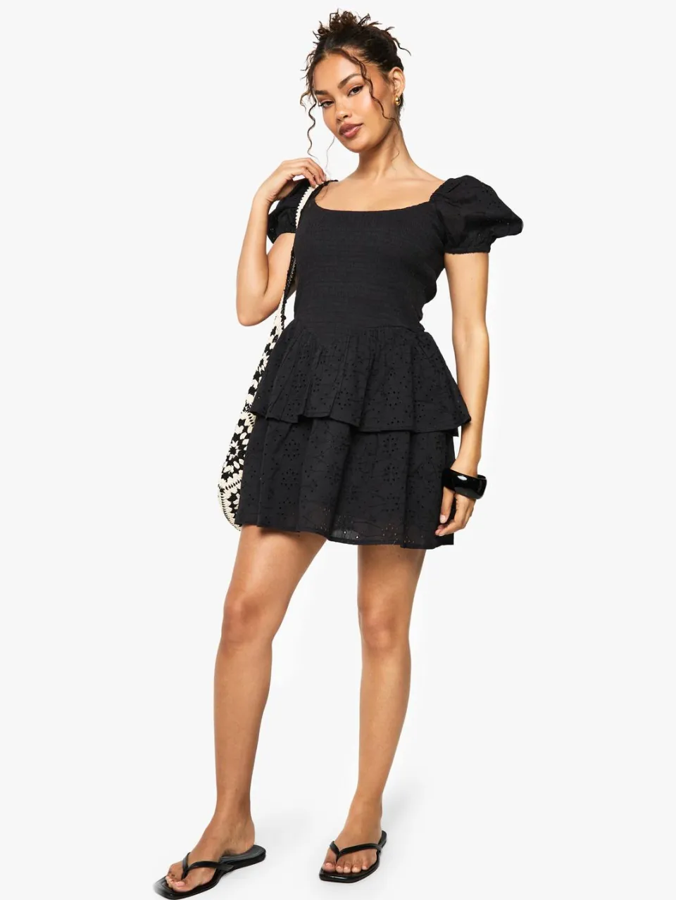 boohoo Dames Broderie Anglaise Puff Sleeve Skater Jurk zwart, foto 2