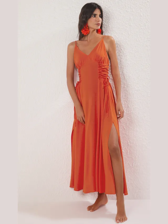 Trendyol TRENDYOLMİLLA Dames Rood Bloemen Maxi Mouwloos Strandkleding Skater Strandjurken