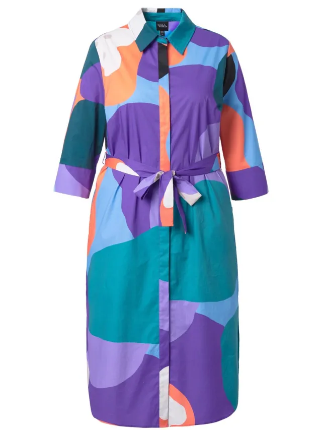 Ulla Popken Dames - Midi-jurk met overhemdblouse grafisch patroon A-lijn - Purper - Maat 58+