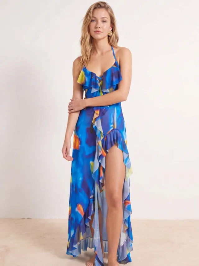 Trendyol TRENDYOLMİLLA Dames Blauw Dierenprint Maxi Mouwloos Strandkleding Getailleerd Strandjurken