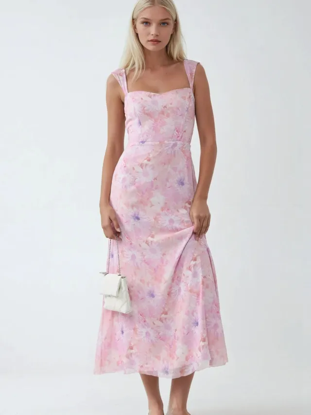Hiccup Bloemen Maxi Jurk met Hartkraag Roze