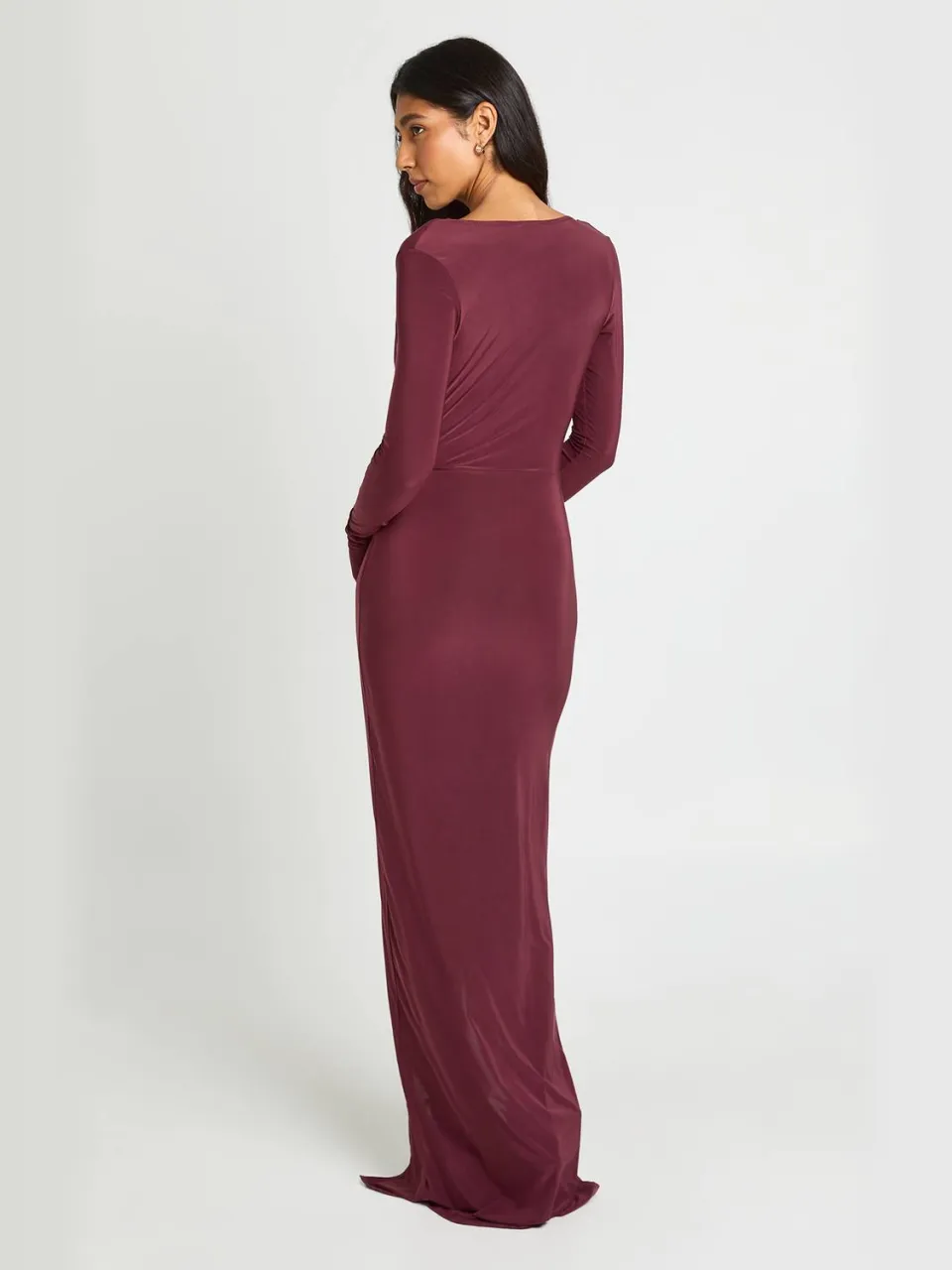 boohoo Dames Tall Slinky Geplooide Wikkel Lange Mouw Maxi Jurk pruim, foto 2