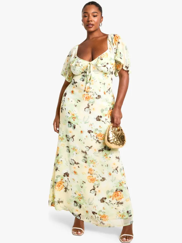 boohoo Dames PLUS MAXI-JURK MET RUFFLE DETAILS, KORTE MOUWEN, BEDRUKT MAXI-JURK Lemon