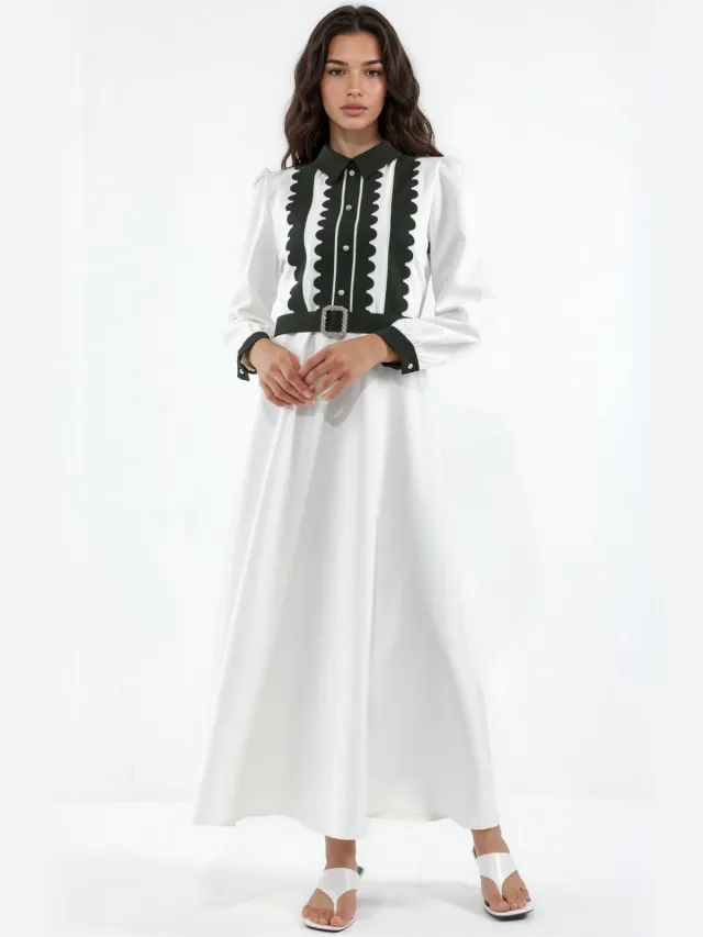 MSN Collection Geknoopte Crew Neck Maxi Jurk Wit