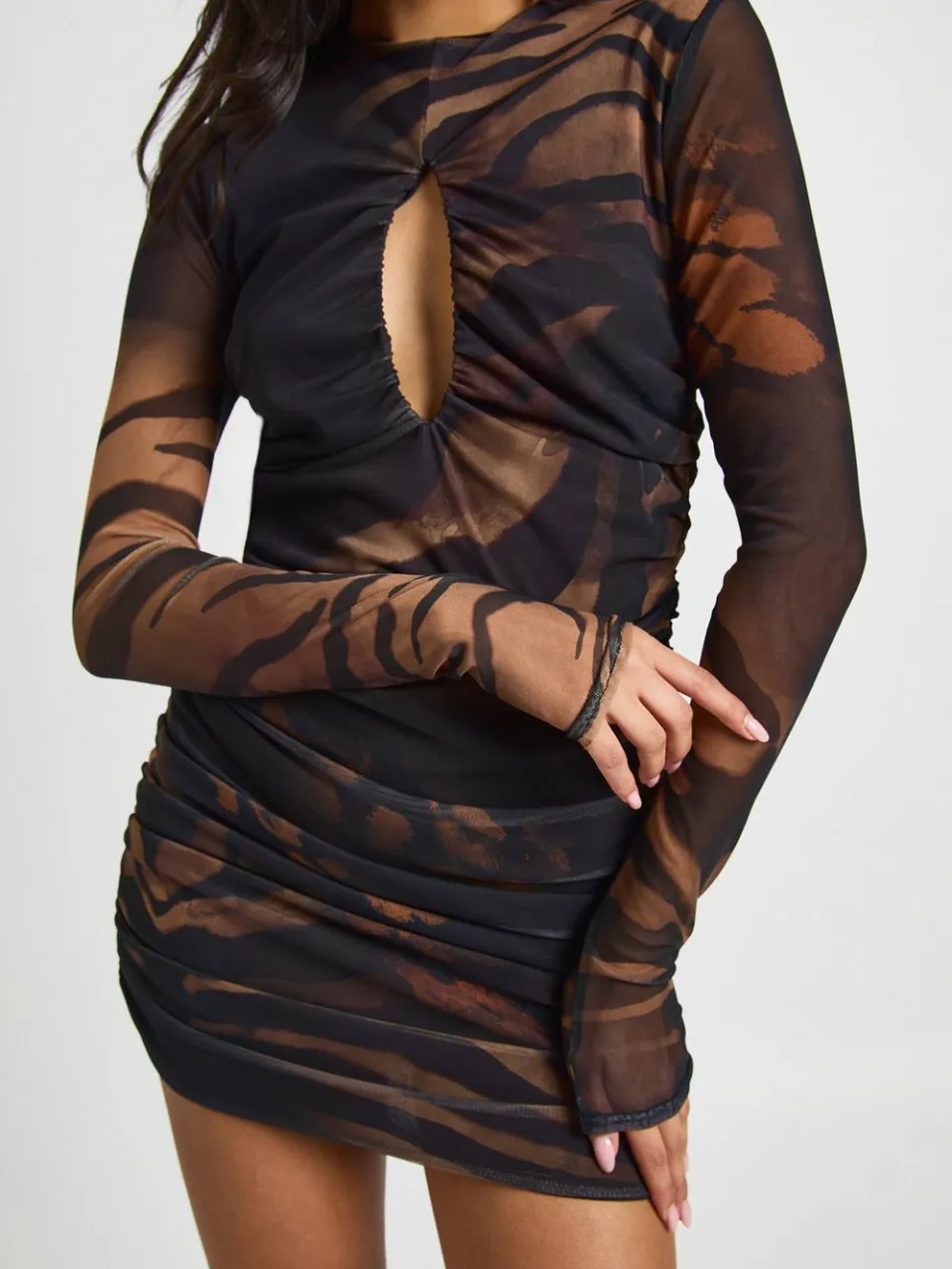 boohoo Dames Dierenprint Gerimpelde Mesh Keyhole Mini Jurk bruin, foto 4