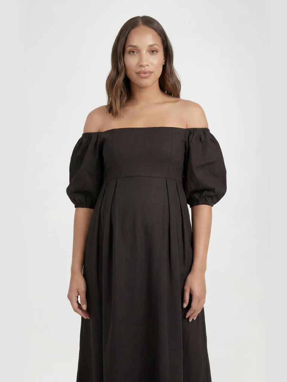 boohoo Dames Zwangerschaps Linnen Pofmouw Bardot Maxi Jurk zwart, foto 3
