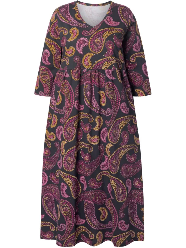 Ulla Popken Dames - Jersey maxi-jurk A-lijn V-hals 3/4-mouwen - Zwart - Maat 58+