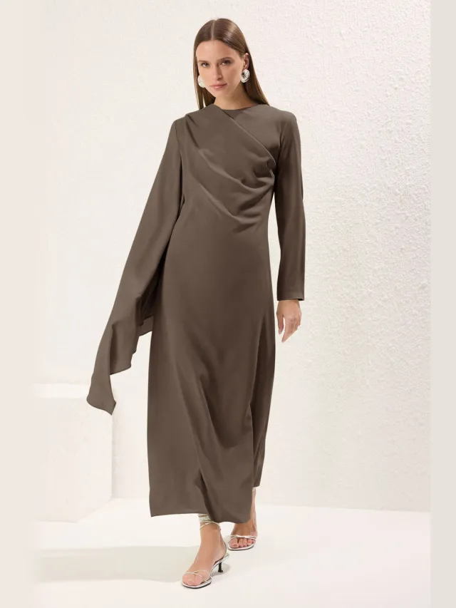 Trendyol Modest Dames Bruin Effen Maxi Lang Stijlvol/Avond Recht Modest Avond Jurken Taupe