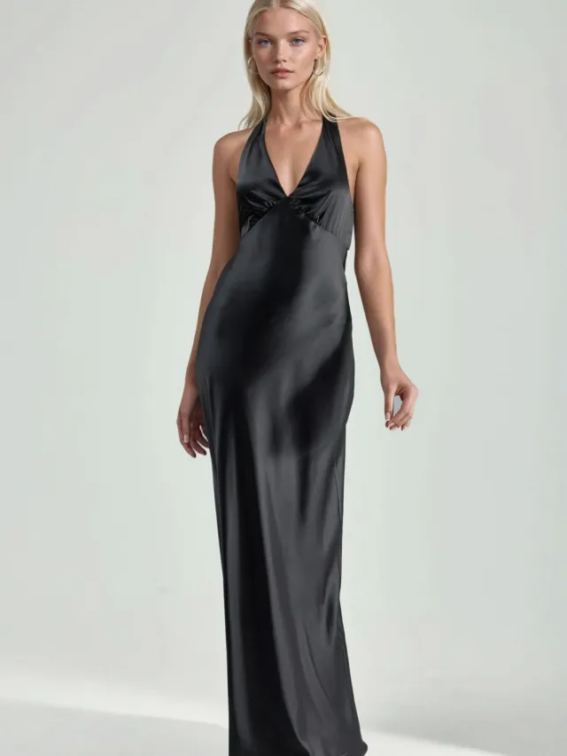 Hiccup Halter Neck V-Hals Satijnen Maxi-jurk Zwart