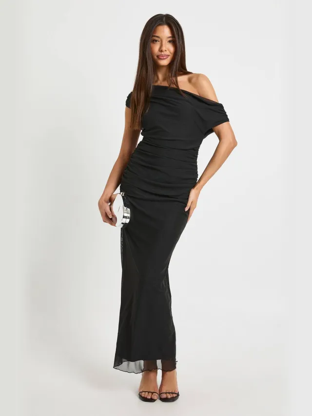 boohoo Dames Off-shoulder mesh maxi jurk Zwart