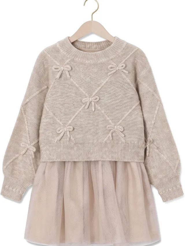 Mayoral Meisjes Jurken Knit Dress With Bows - Beige