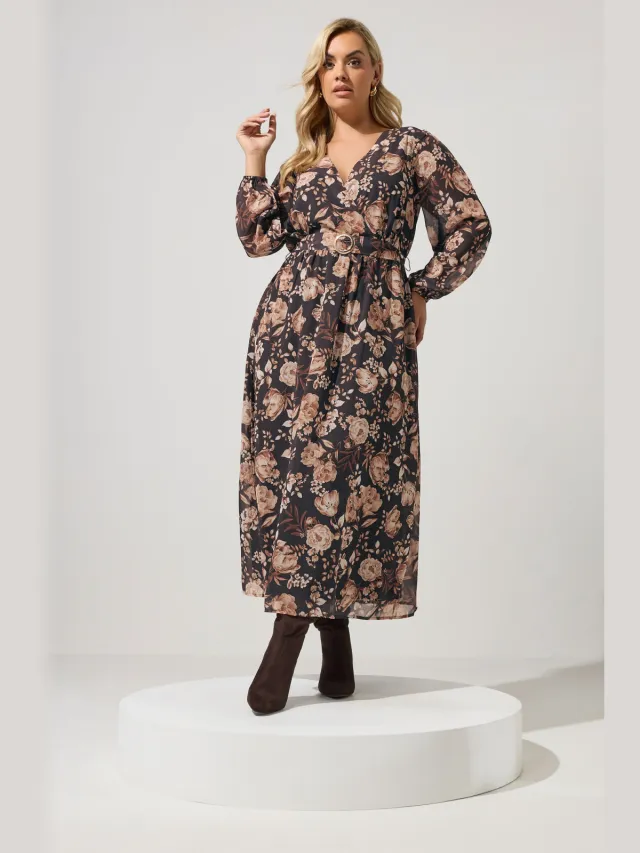 Yours London Naturelbruine Wikkeljurk Met Bloemenprint En Gesp Brown