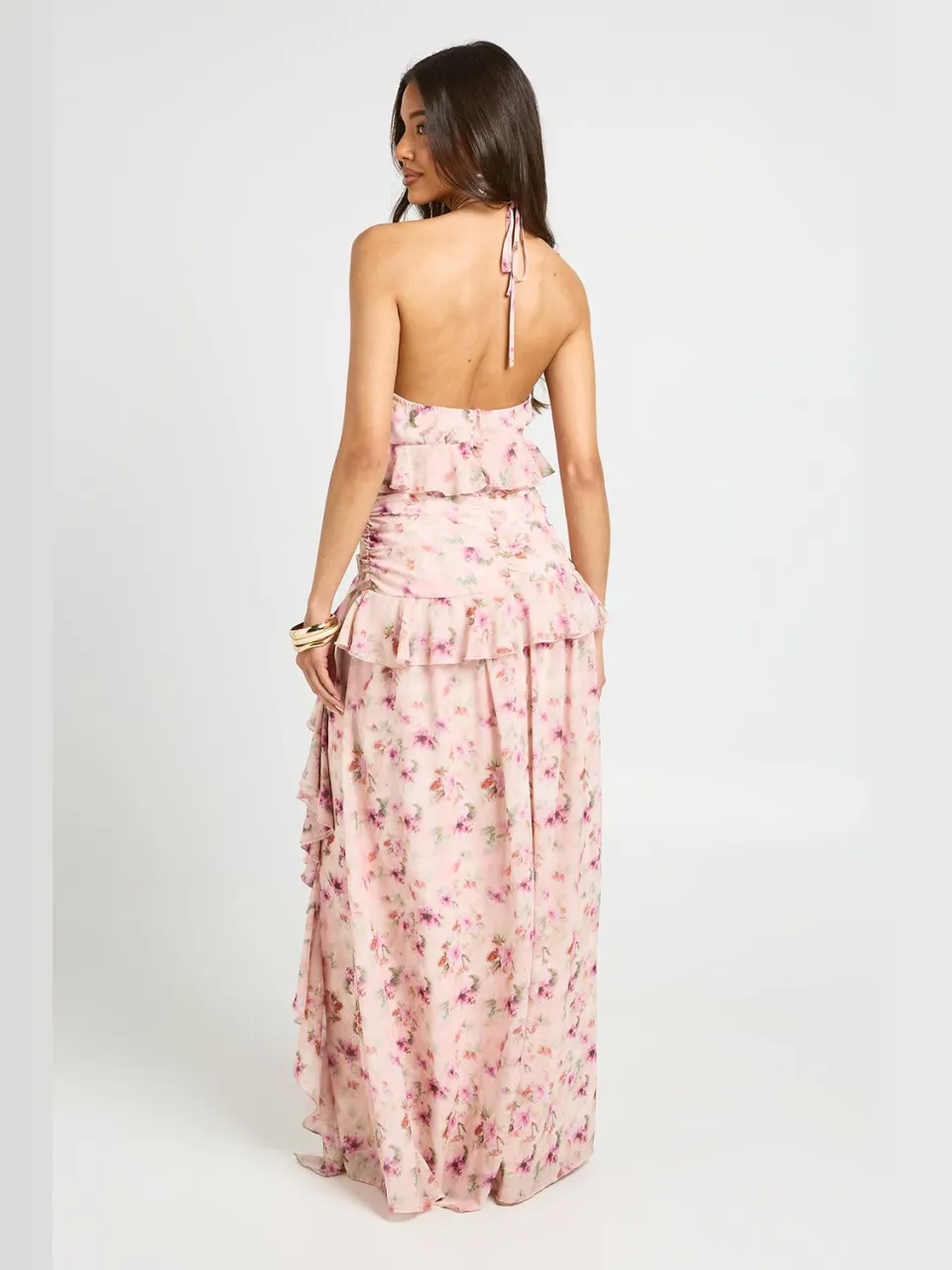 boohoo Dames Gebloemde Halternek Chiffon Maxi Jurk Met Ruches roze, foto 3