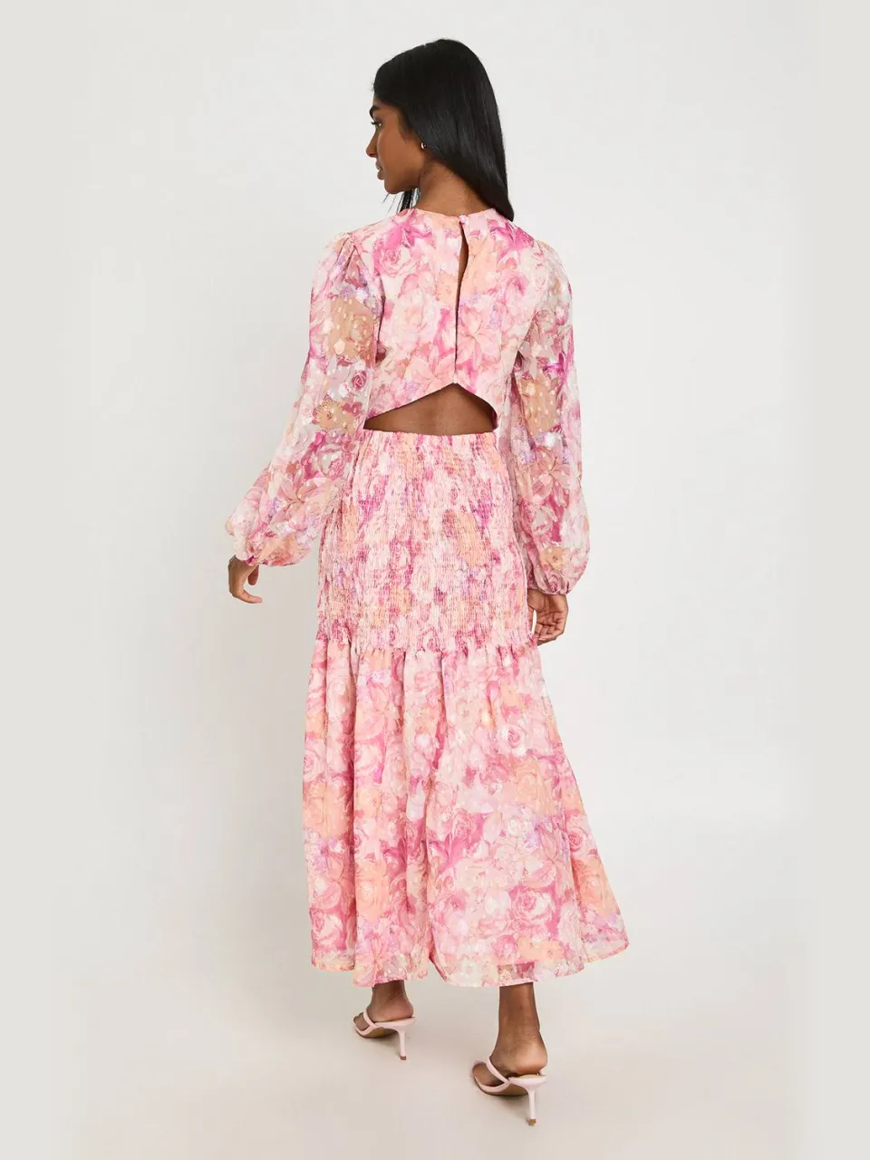 boohoo Dames Jacquard Bloemen Midi-jurk Met Gerimpelde Taille En Open Rug roze, foto 2