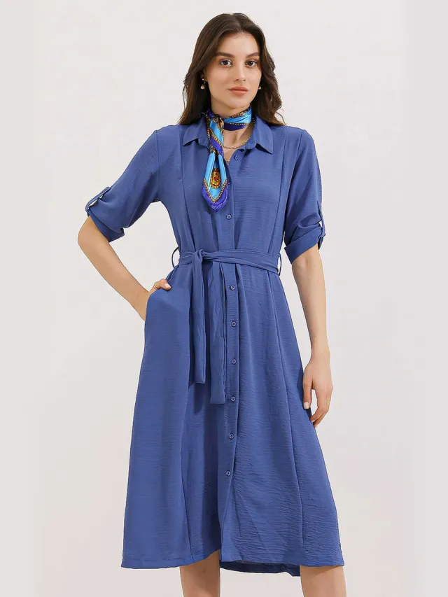 Big Dart Textured Midi-jurk met Strik Donker marineblauw