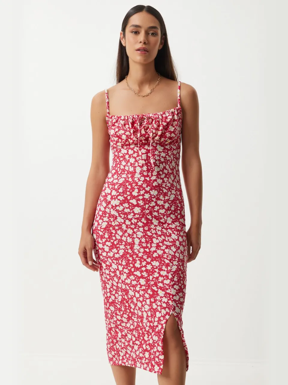 Happiness Istanbul Bloemengebroken Ribbel Bodycon Midi-jurk met Split fuchsia, foto 2