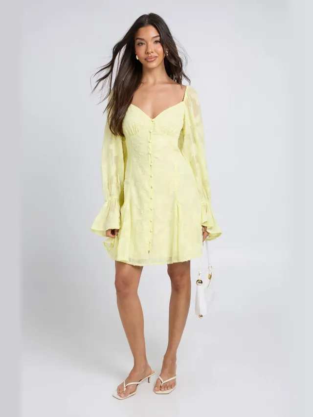 boohoo Dames Burnout Bloemen Godet Zoom Mini Jurk Citroen