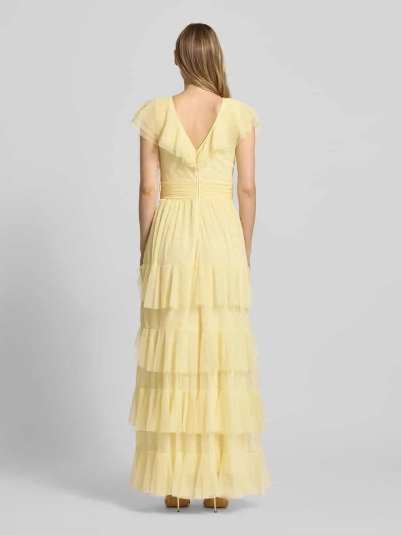 Lace & Beads Maxijurk met V-hals en taillestrik geel, foto 4