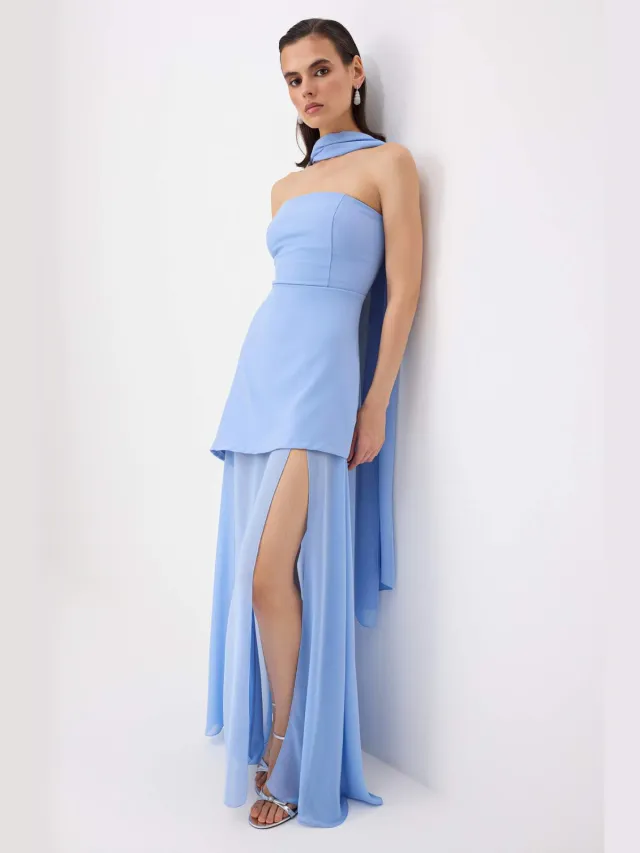 Trendyol TRENDYOLMİLLA Dames Blauw Effen Maxi Mouwloos Gala Recht Avond & Gala Jurk