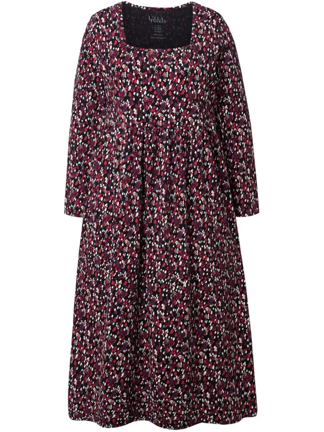 Ulla Popken Dames - Maxi-jurk A-lijn carréhals lange mouw - Robijnrood - Maat 58+