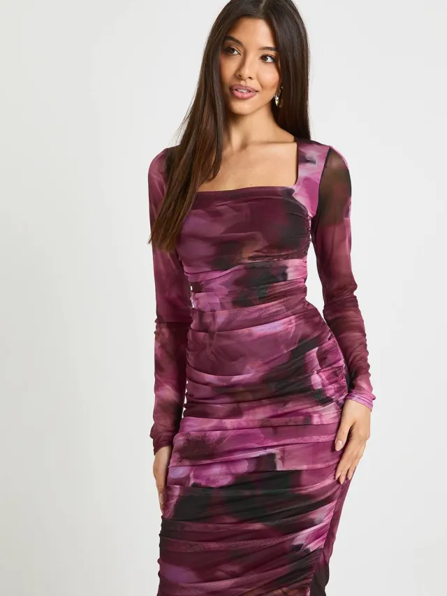 boohoo Dames Vierkante halslijn geplooide mesh midi bodycon jurk Bordeaux Rood