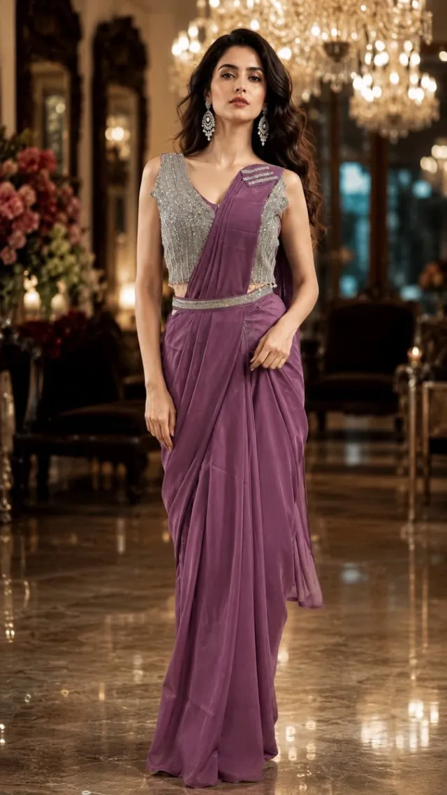 Simhera Threads Women's Mauve Georgette Saree with Decorative Embellished Border | Festive & Party Wear Saree