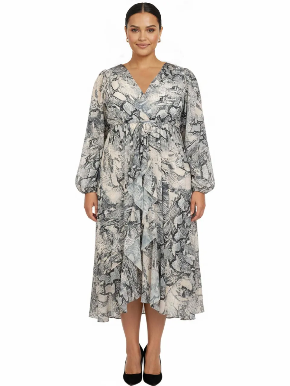Yoek midi jurk Plus Size met slangenprint - grijs Grijs/zwart