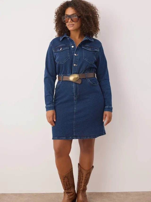 Trendyol Curve Dames Blauw Effen Kort / Mini Lang Casual Blousejurk Grote maten Jurk