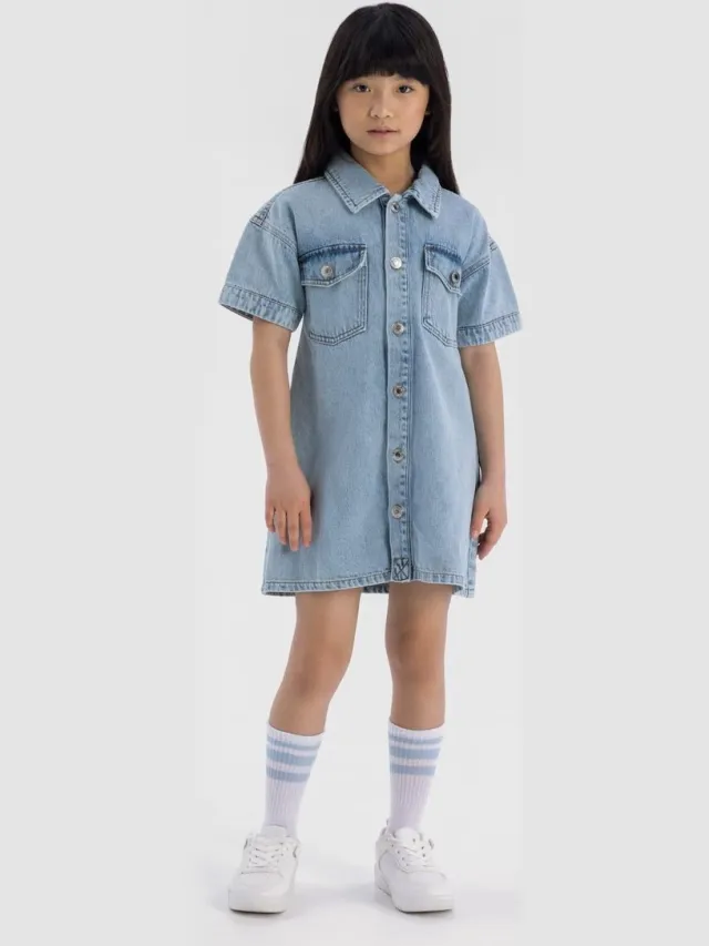 Minoti meisjes jurk meisjes denim blousejurk korte mouw - kniehoogte Blauw