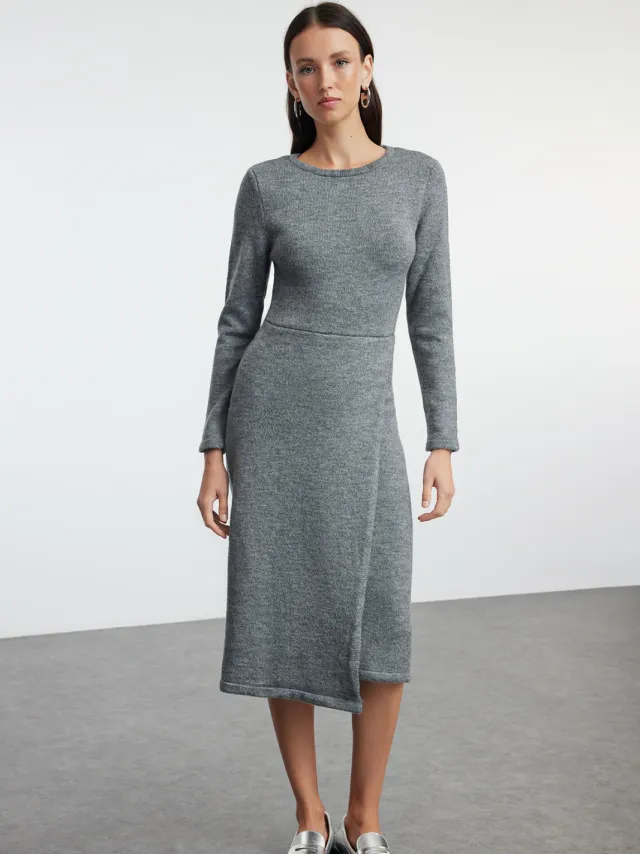 Trendyol TRENDYOLMİLLA Dames Grijs Effen Midi Lang Casual A-lijn Jurken