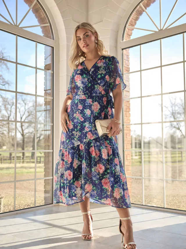 Yours London Midaxi Wikkeljurk Met Bloemenmotief In Metallic Donkerblauw blauw, foto 2