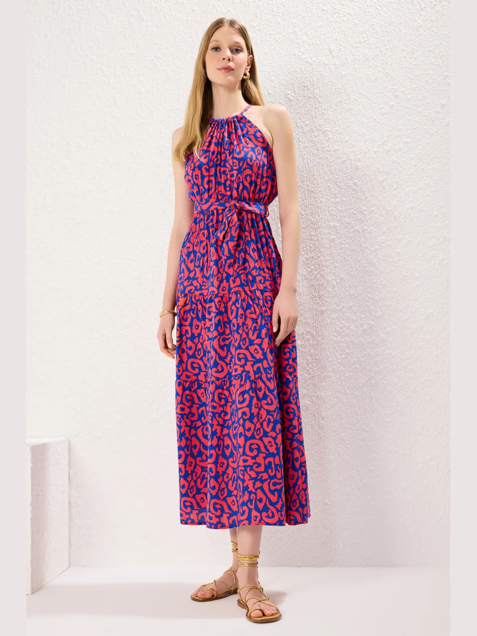 Trendyol TRENDYOLMİLLA Dames Roze Dierenprint Maxi Mouwloos Avond / Dagelijks Recht Jurken