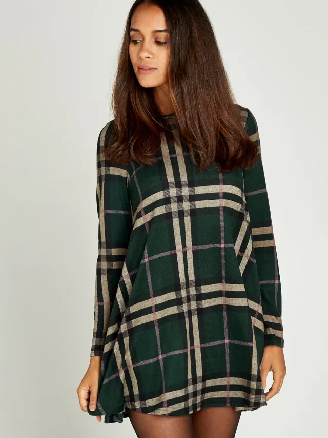 Apricot Mini-jurk met geruite gebreide swing-pasvorm Groen