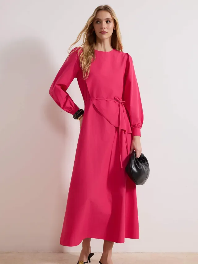 Trendyol Modest Dames Roze Effen Maxi Lang Casual A-lijn Modest Jurken Fuchsia