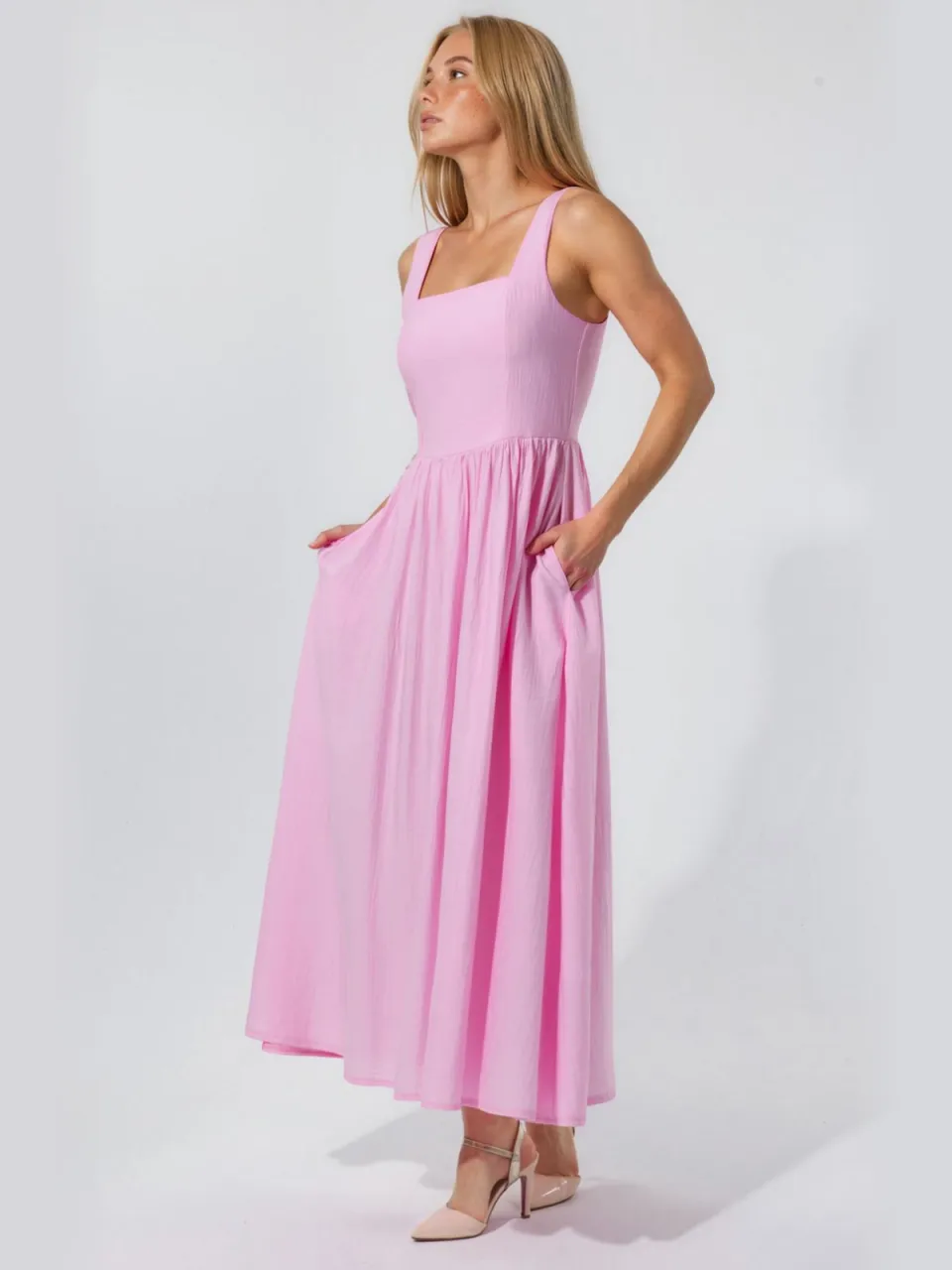 Busem Effen Midi-jurk met Vierkante Kraag blush, foto 2