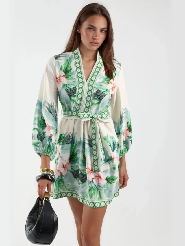 MSN Collection Bloemen A-Lijn Mini Jurk Groen