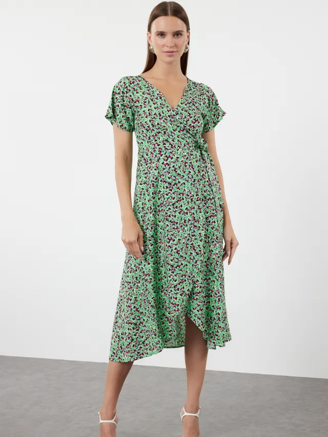 Trendyol TRENDYOLMİLLA Dames Groen Bloemen Midi Kort Avond / Dagelijks Double-breasted Jurken